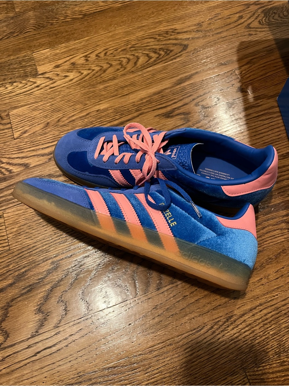 adidas Gazelle Velvet Sneakers in Blue & Pink with Gum Sole - Picture 4 of 5